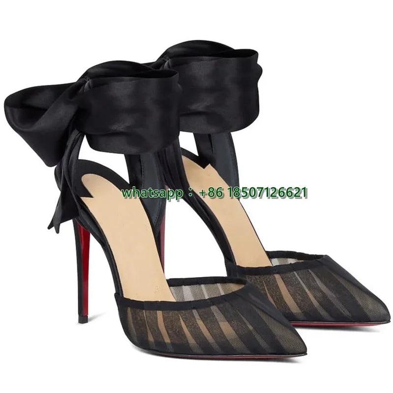Elegant Black Mesh Ankle Tie Bow Stiletto Heels For Women