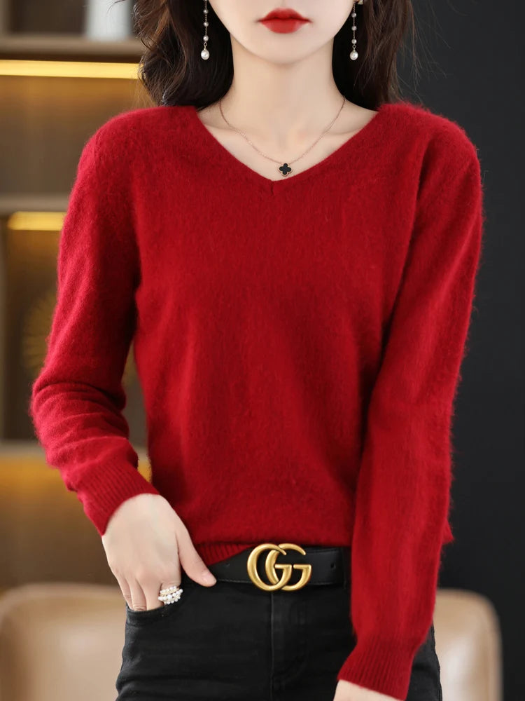 Soft Warm Loose Fit V Neck Cashmere Sweater for Women