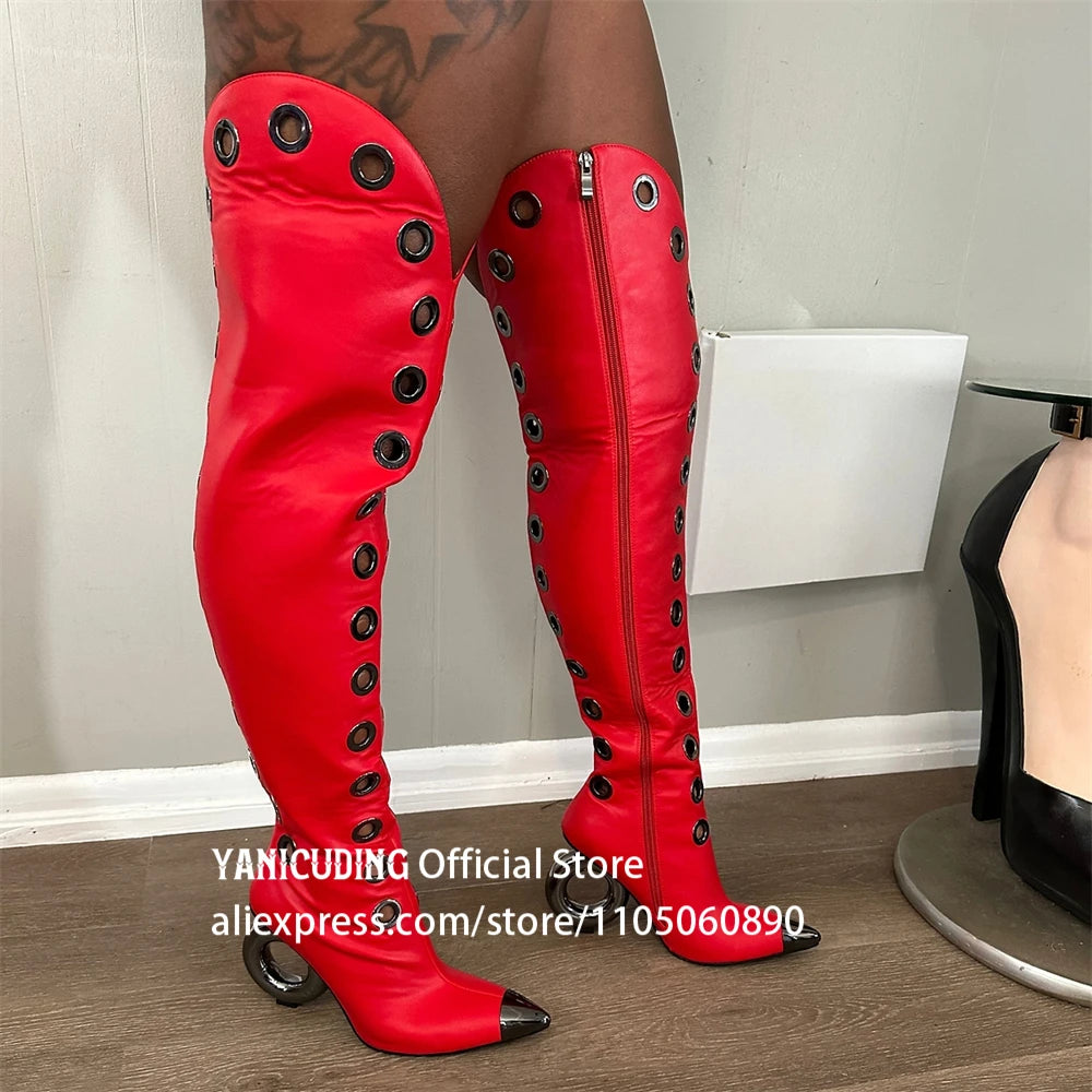 Metal Eyelet Pointed Toe Over The Knee Boots for Women