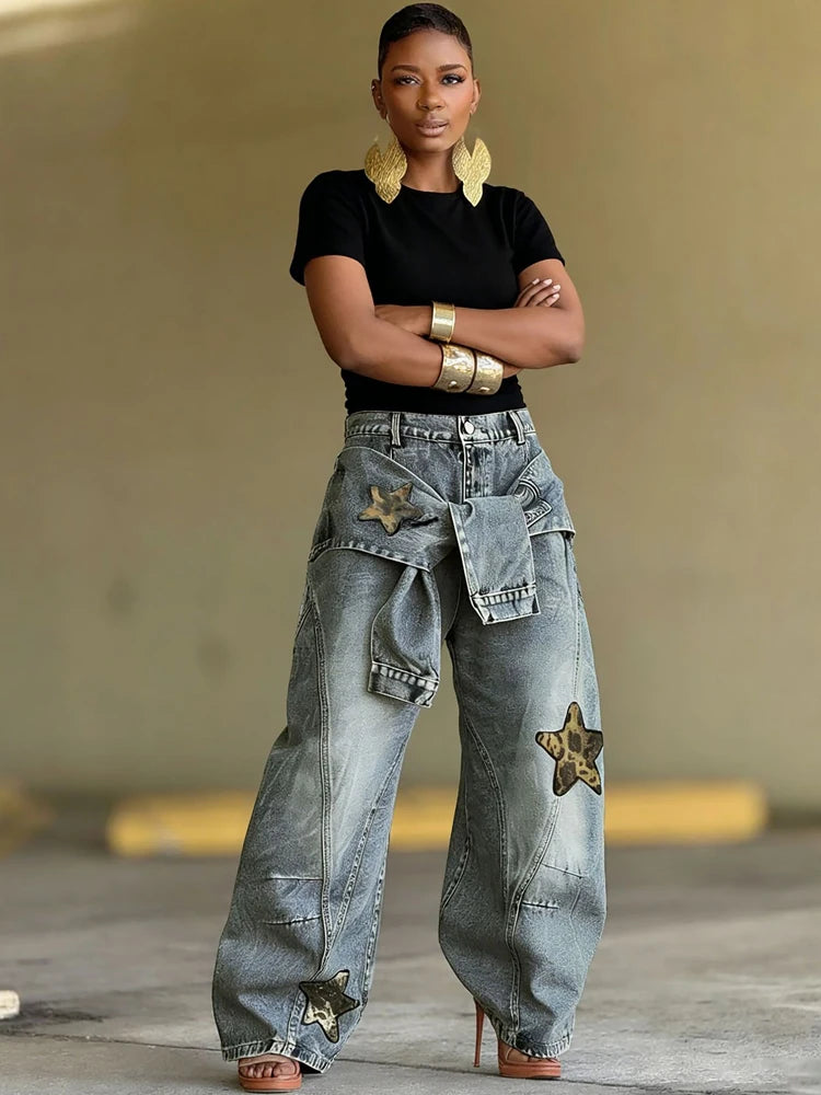 Vintage Washed Wide Leg Hip Hop Denim Jeans for Women