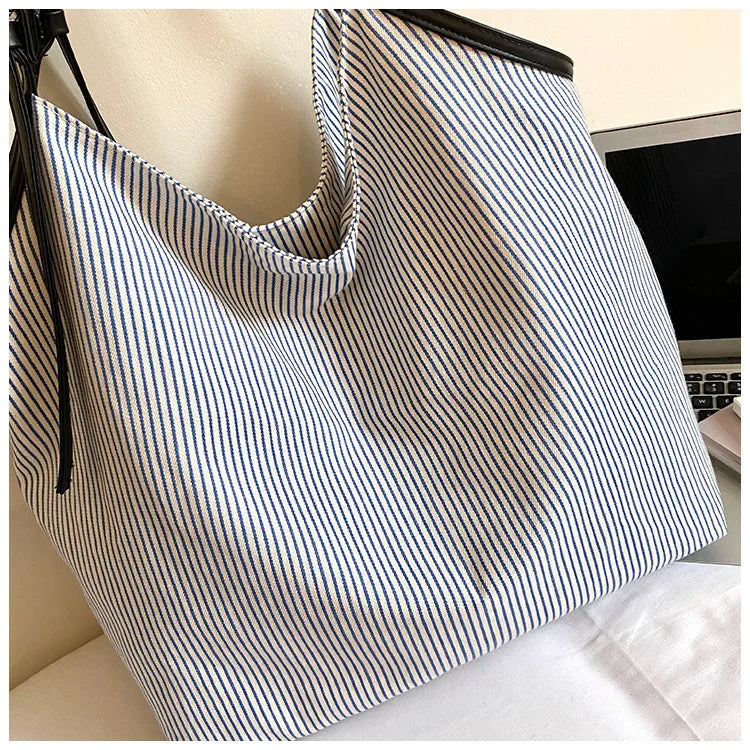 Casual Stripe Canvas Lightweight Shoulder Tote Bag for Women