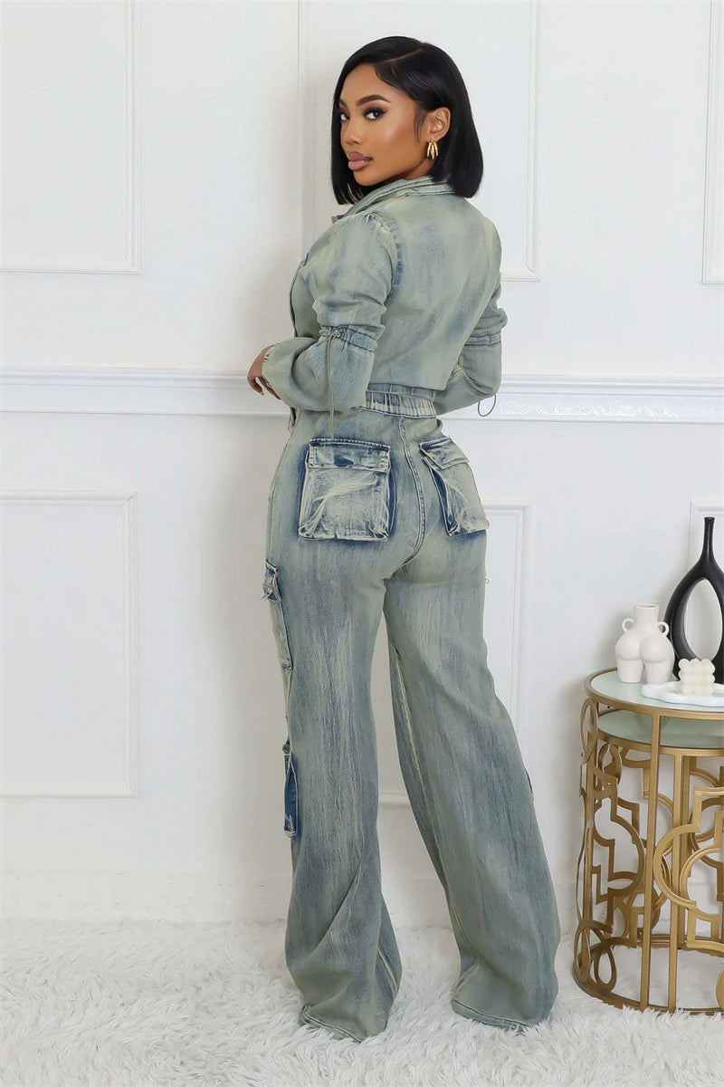 Streetwear Denim Crop Top And Cargo Pants Set for Women
