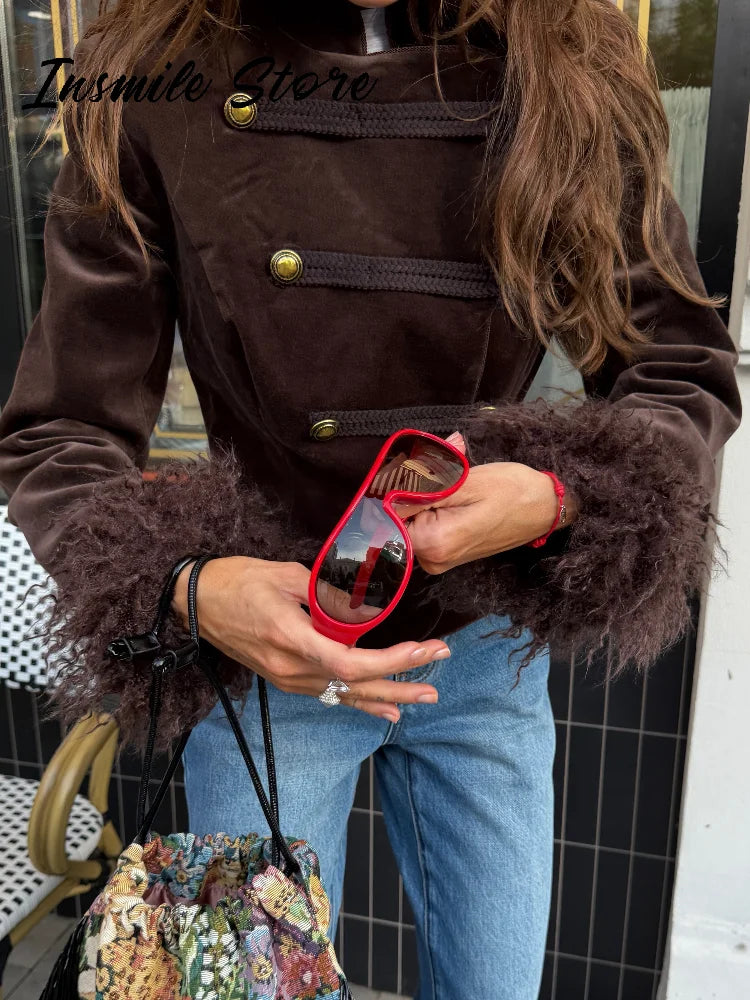 Feather Patchwork Double Breasted Stand Collar Coat for Women