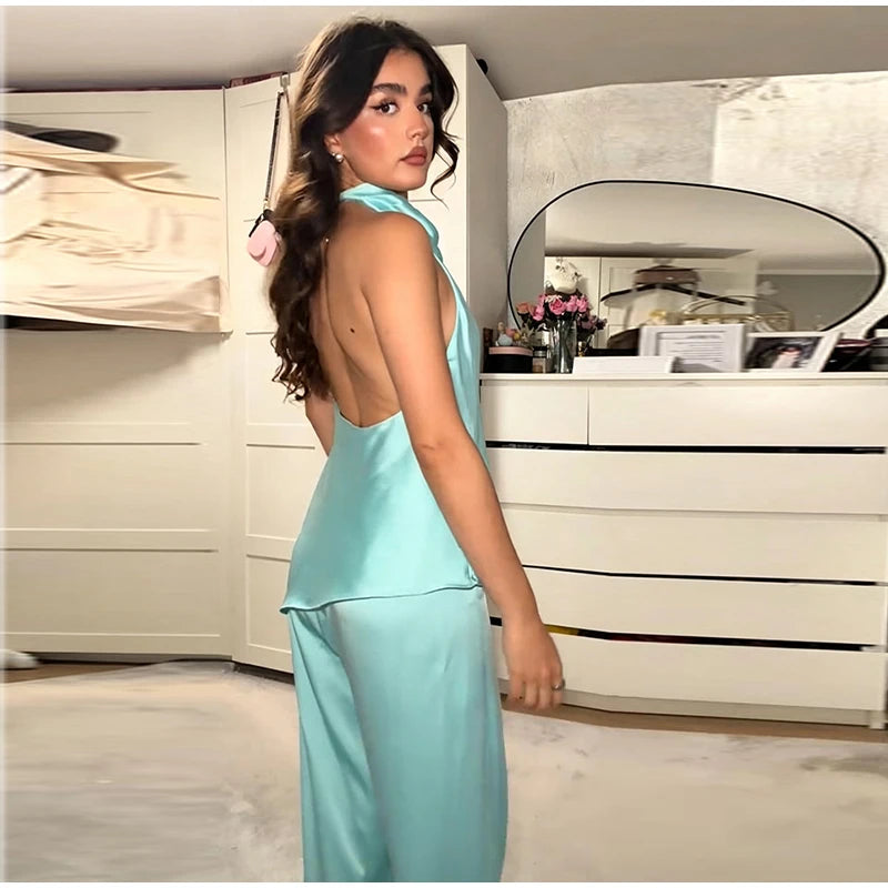 Turquoise Satin Cowl Neck Halter Top And Wide Leg Pants 2 Piece Set For Women