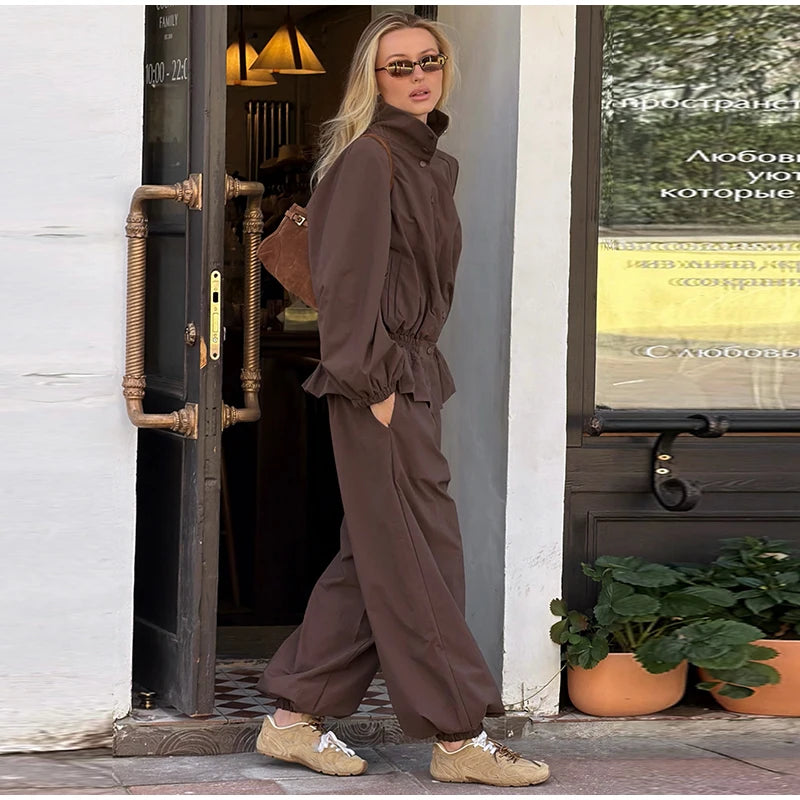 Ruffle Hem Jacket and Jogger Pants Two Piece Set for Women