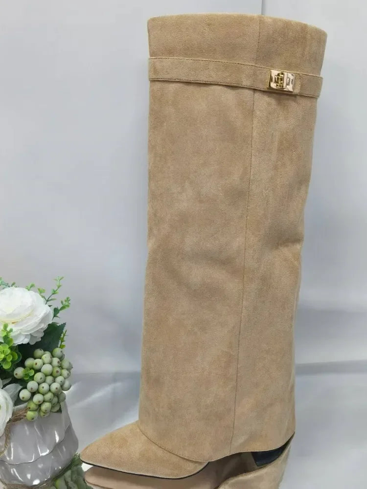 Pointed Toe Thick High Heel Mid Calf Boots for Women
