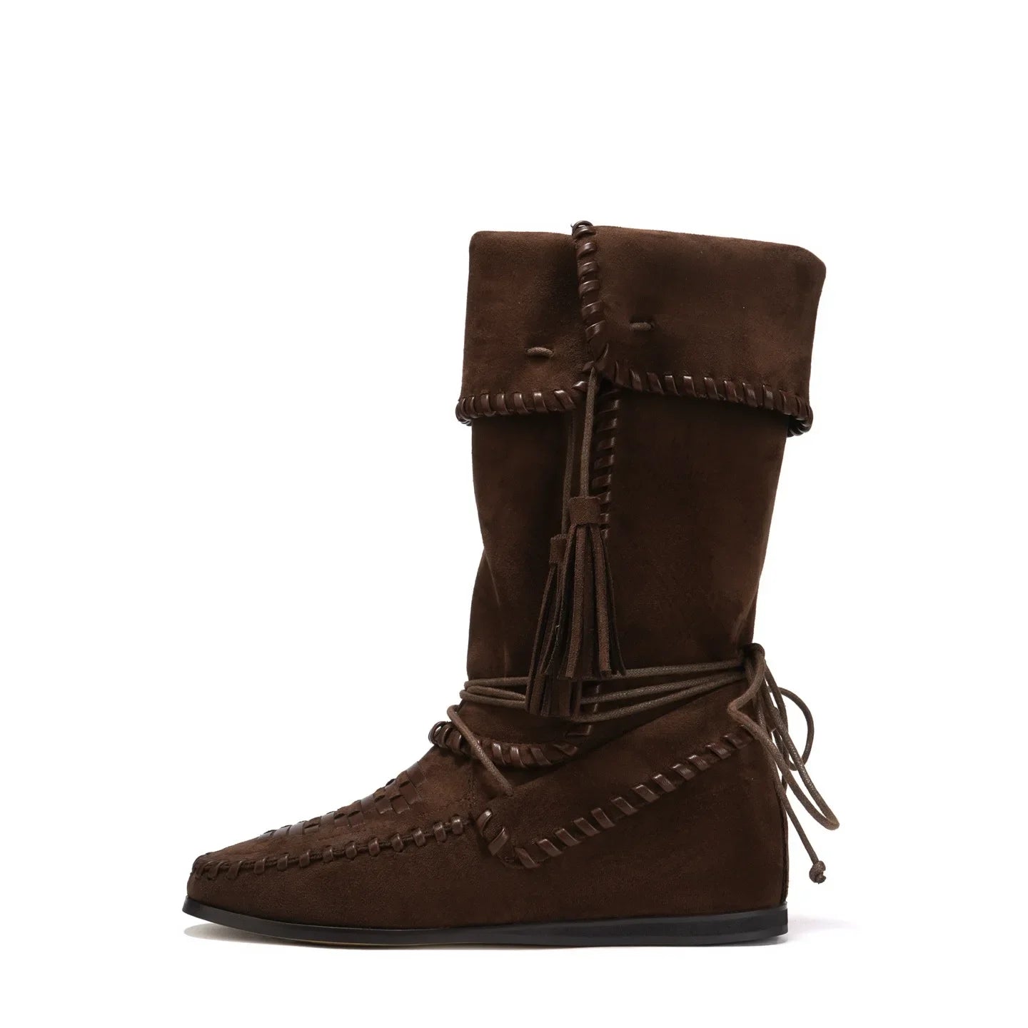 Fringe Woven Suede Mid Calf Boots With Fold Over Cuff For Women