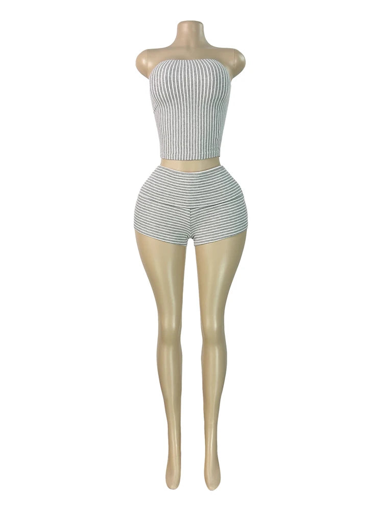 Ribbed Knit Tube Top and Fold Waist Shorts Set for Women