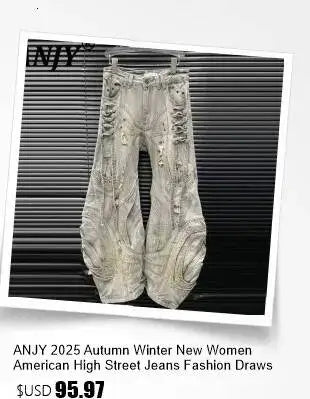 ANJY Spring Autumn New Women Streetwear Fashion Buttons Slit Striped Color Block Jeans Stylish Loose Wide-Leg Denim Pants A23331