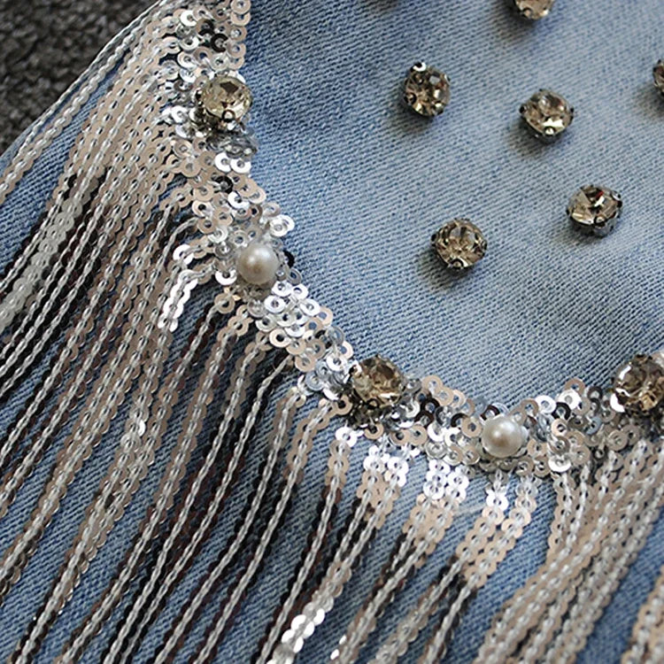 Beaded Studded Diamond Fringe Cropped Jeans for Women