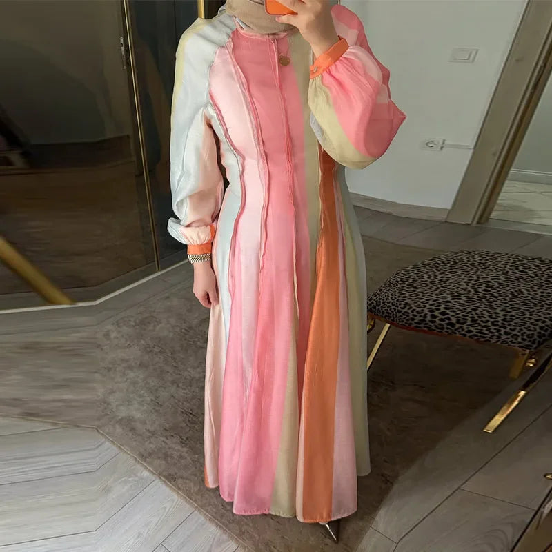 Elegant Chic Color Stripe Balloon Sleeve Dress for Women
