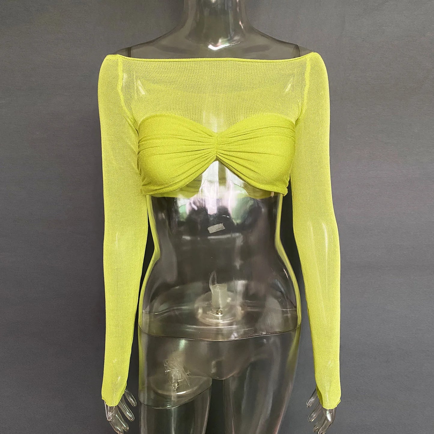 Cryptographic Elegant Front Ruched Cropped Top for Women Fashion Long Sleeve Off Shoulder Sexy Backless Sheer Knit Mini Top Slim