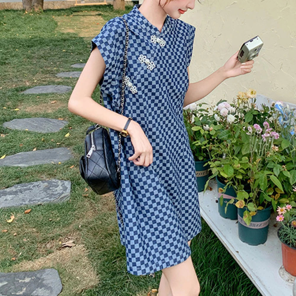 Checkered Ethnic Style Summer Lightweight A Line Dress for Women