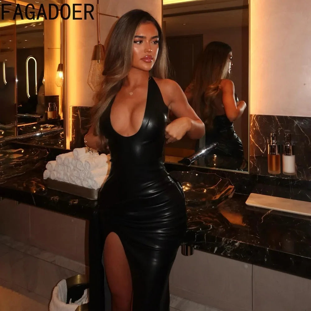 FAGADOER Sexy Ruched Patchwork Bodycon Long Dress Women Halter Deep V-neck Backless Dresses Female Streetwear Vestidos 2025 New