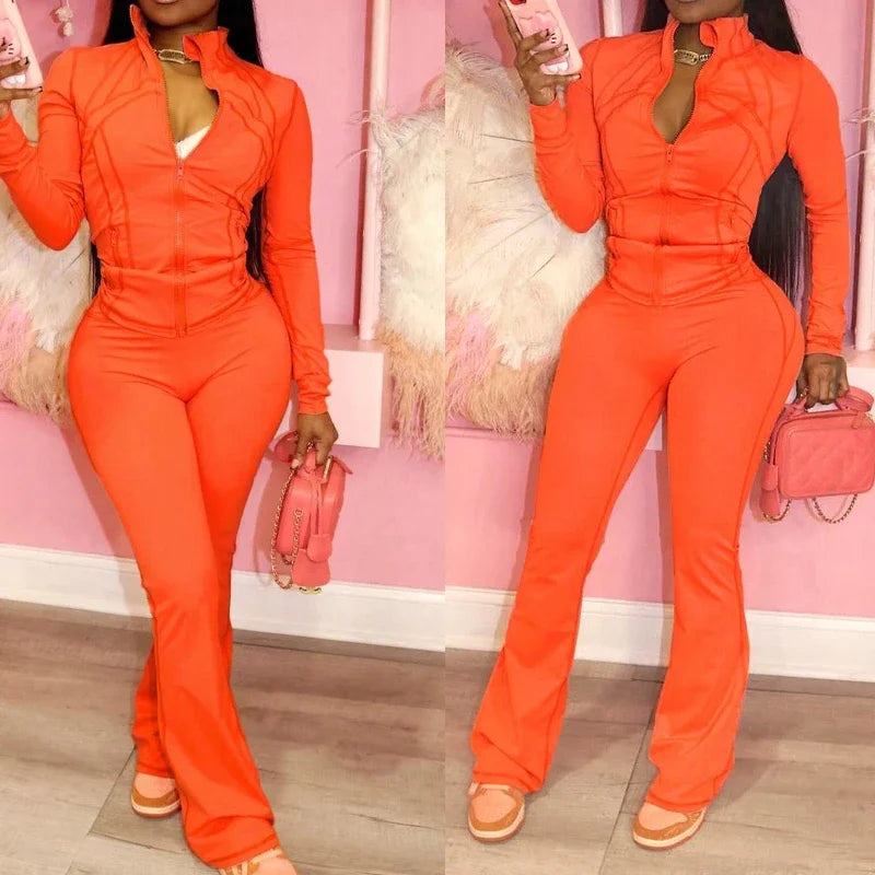 Casual Two-piece Sports Set Women 2025 Autumn Winter Fashion Solid Color Long Sleeve Zipper Top & Slim Pants Suit Tracksuit