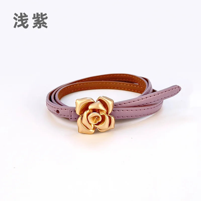 Double Sided Metal Flower Buckle Thin Belt for Women