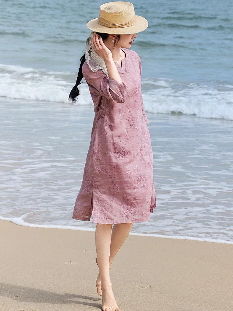 Elegant Embroidered Ramie Linen Knee Length Dress for Women