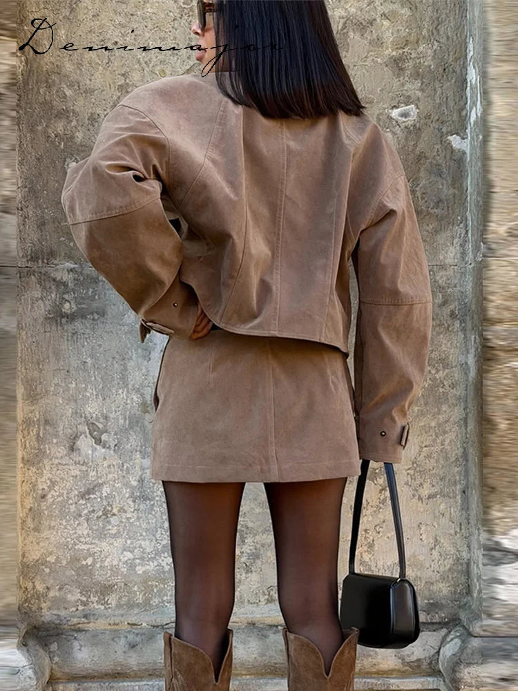 Vintage Suede Jacket and Mini Skirt Two Piece Set for Women