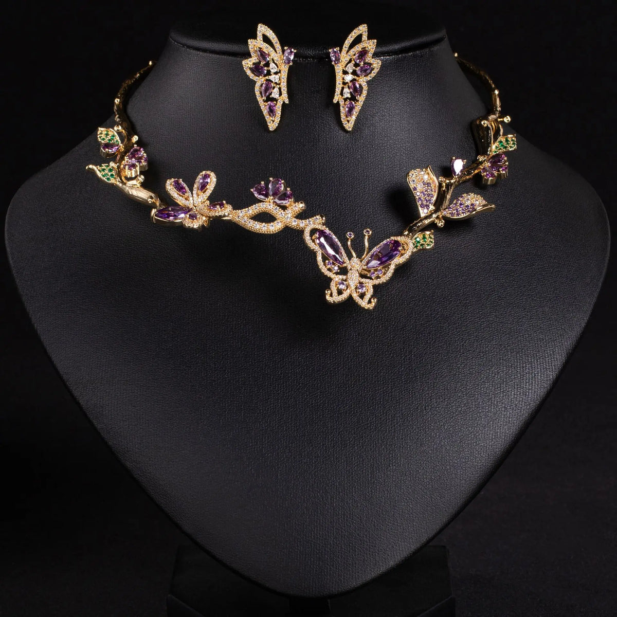 Purple Butterfly Zircon Necklace and Earring Set for Women