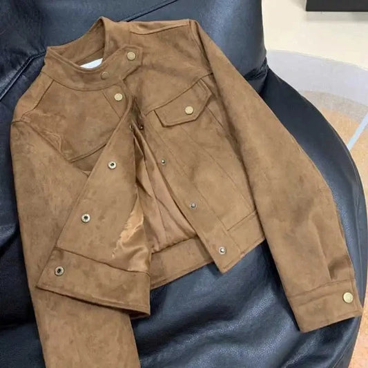 Korean small fragrant Maillard leather jacket female spring new fashion design sense advanced sense sweet cool suede jacket.
