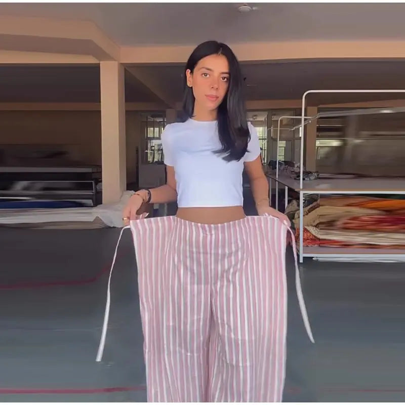 Pink And White Striped Wide Leg Pants With Sash Belt for Women