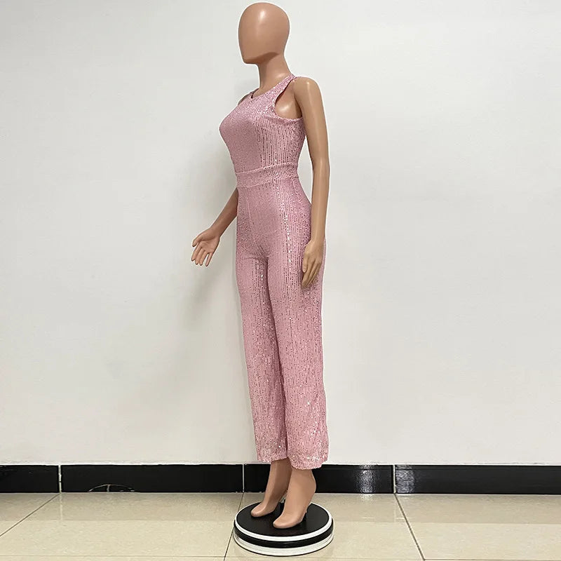 Elegant Silver Sequined Straight Cut Jumpsuit for Women