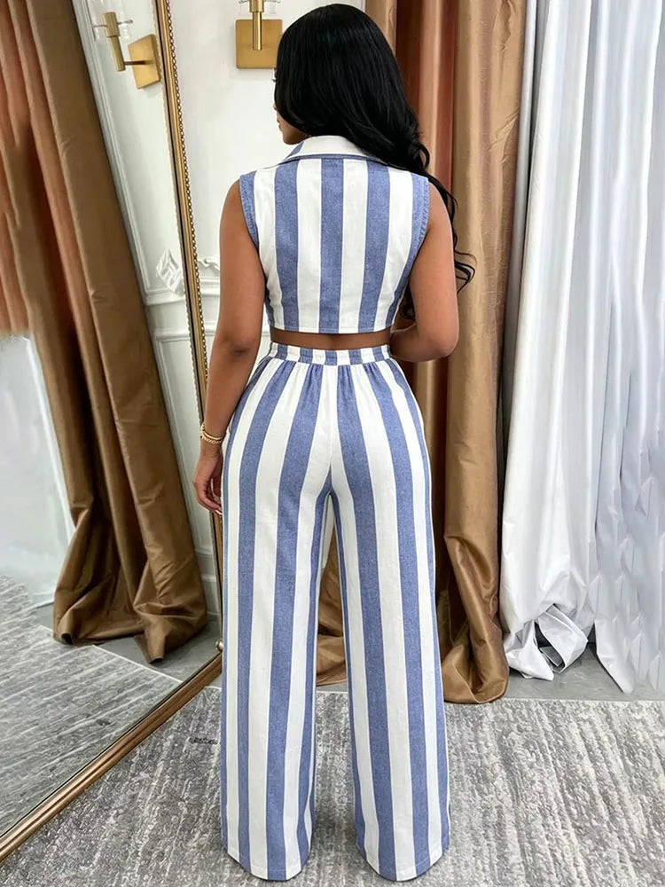 Striped Two Piece Shirt And Wide Leg Pants Set for Women