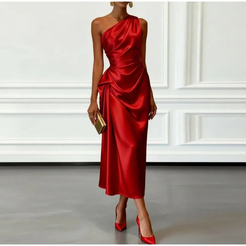 Charming One Shoulder Ruched Waist Satin Midi Dress For Women