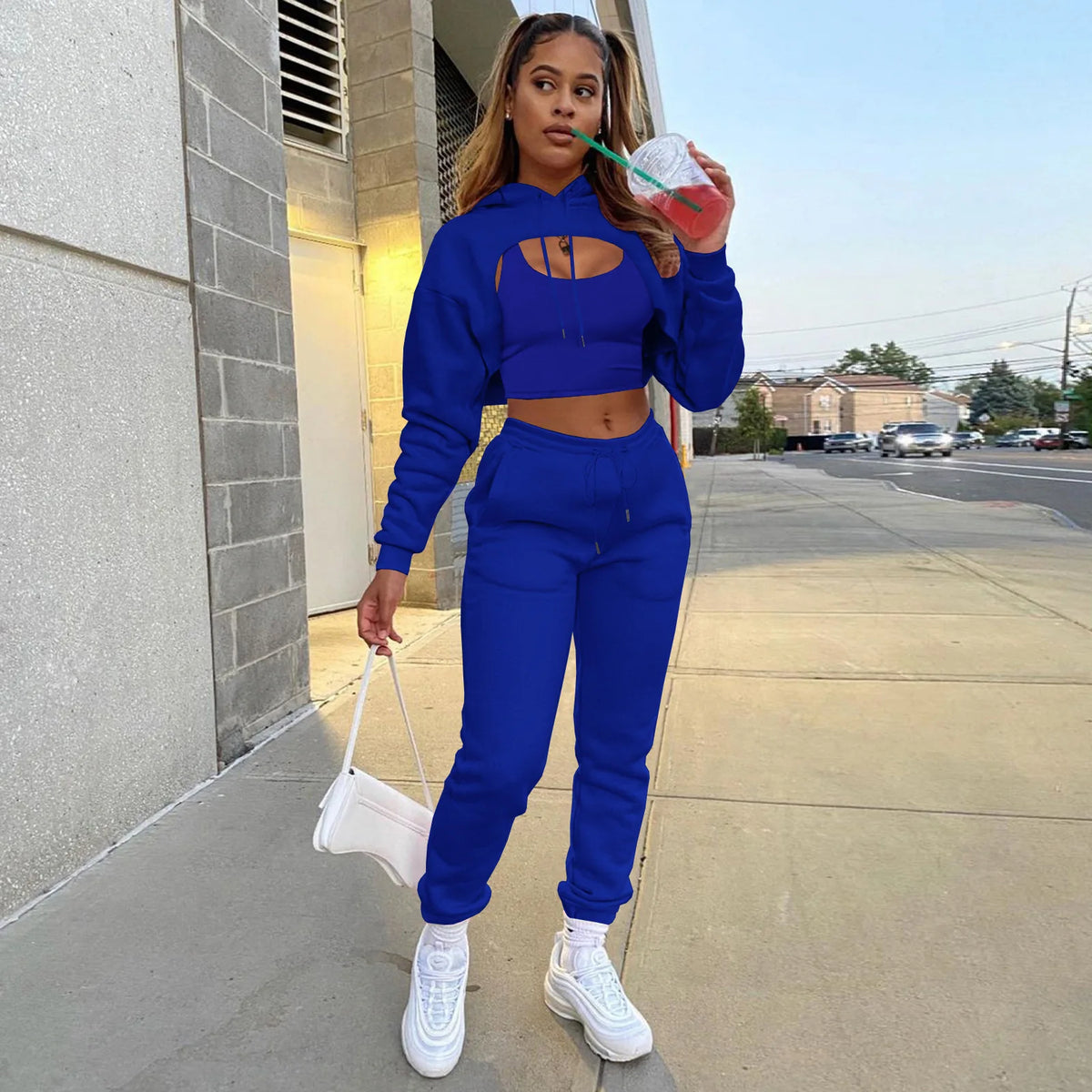 Three-Piece Hooded Sporty Matching Tracksuit Set for Women