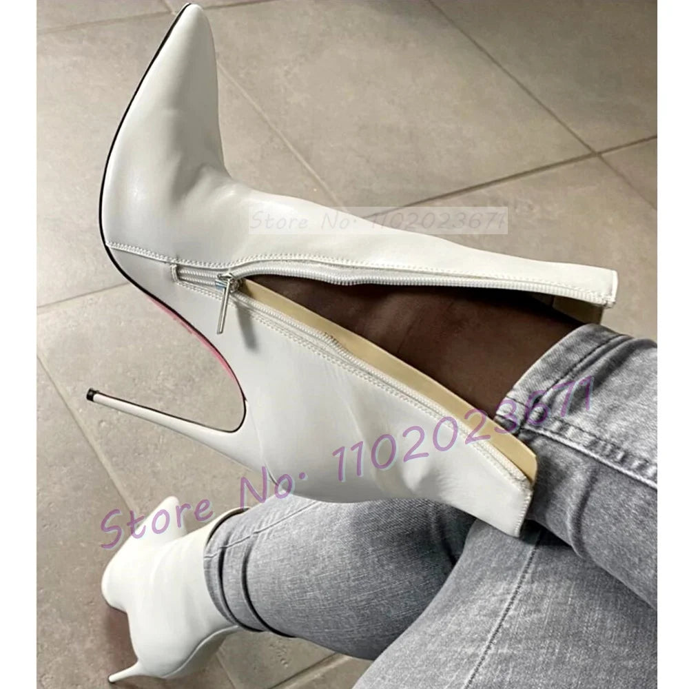 Pink Sole White Ankle Boots Women Pointed Toe Stylish Patent Leather High Heels Boots Female Elegant Casual Crocodile Shoes