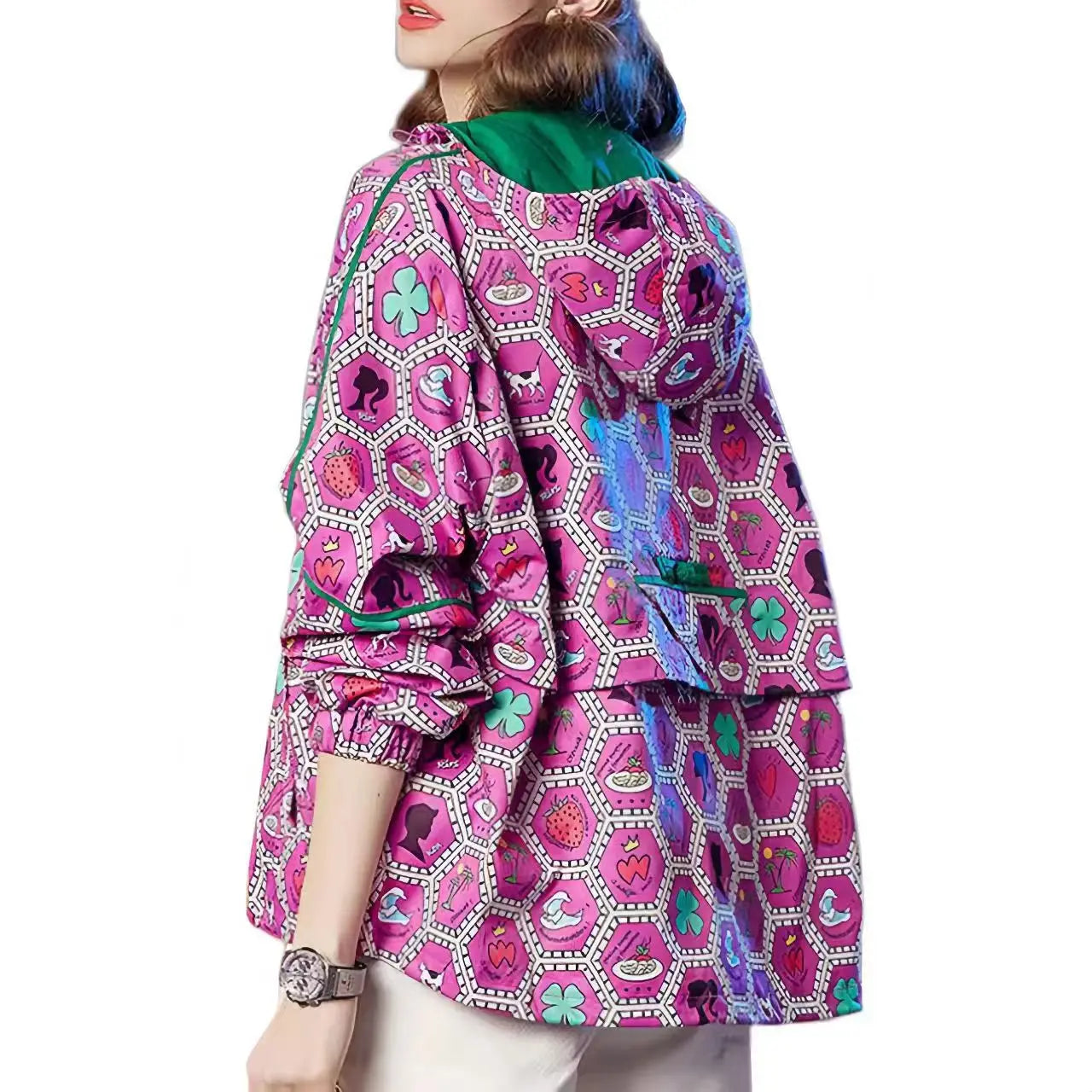 Women's Hooded Zipper Jacket, Casual Outerwear, Loose Tops, Print Doodle Coats, Female Clothing, Autumn, Winter, New