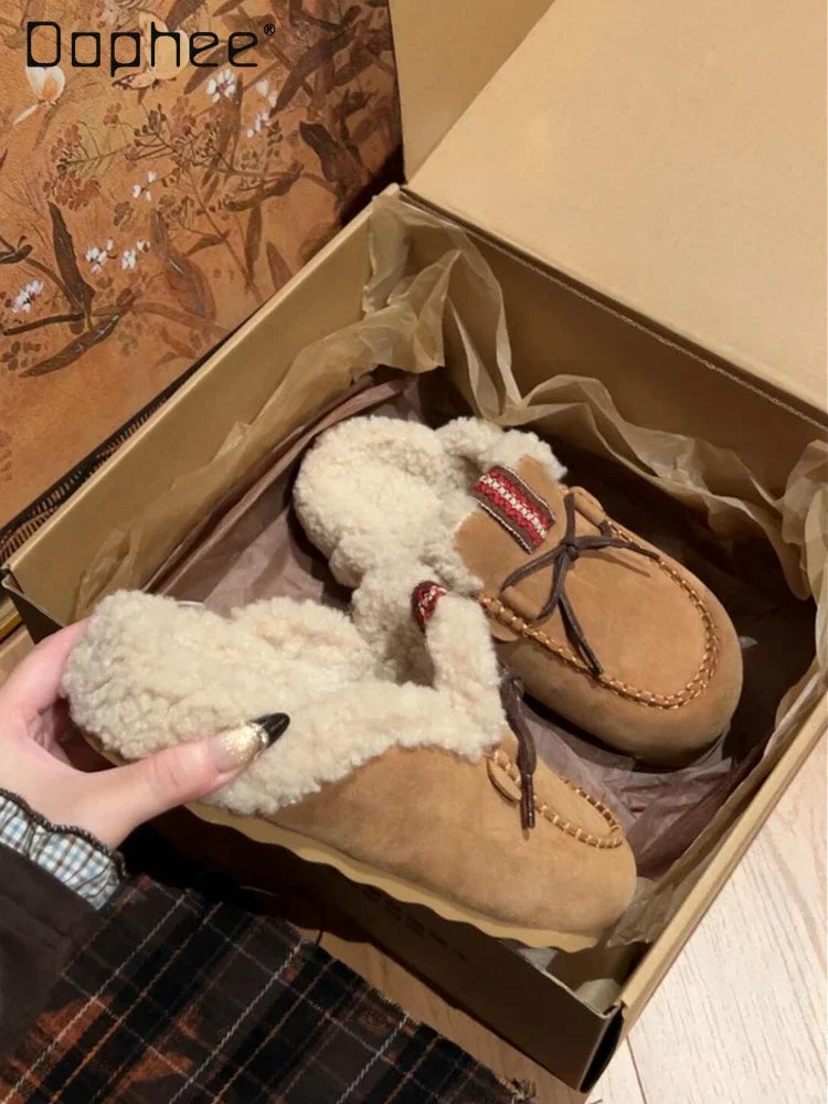 Sheepskin Fluffy Closed Toe Slippers Women Mules Shoes Warm Lace Up Indoor and Outdoor Cotton Shoes Female Winter Fashion