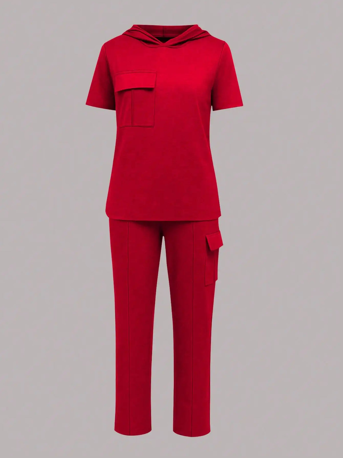 Summer Women's Suit New Style Casual Comfortable Solid Color Hooded Short-Sleeve Top with Versatile Elastic Waist Pocket Straight-Leg Pants Women's Two-Piece Set