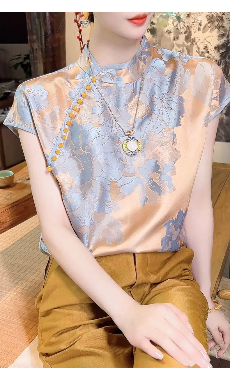 Chinese Inspired Floral Jacquard Satin Blouse For Women