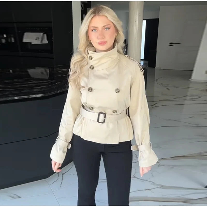 Chic Belt Women's Coat Elegant Stand Collar Full Sleeve Single Breasted  Female Jacket 2025 Autumn Fashion Commuter Windbreaker
