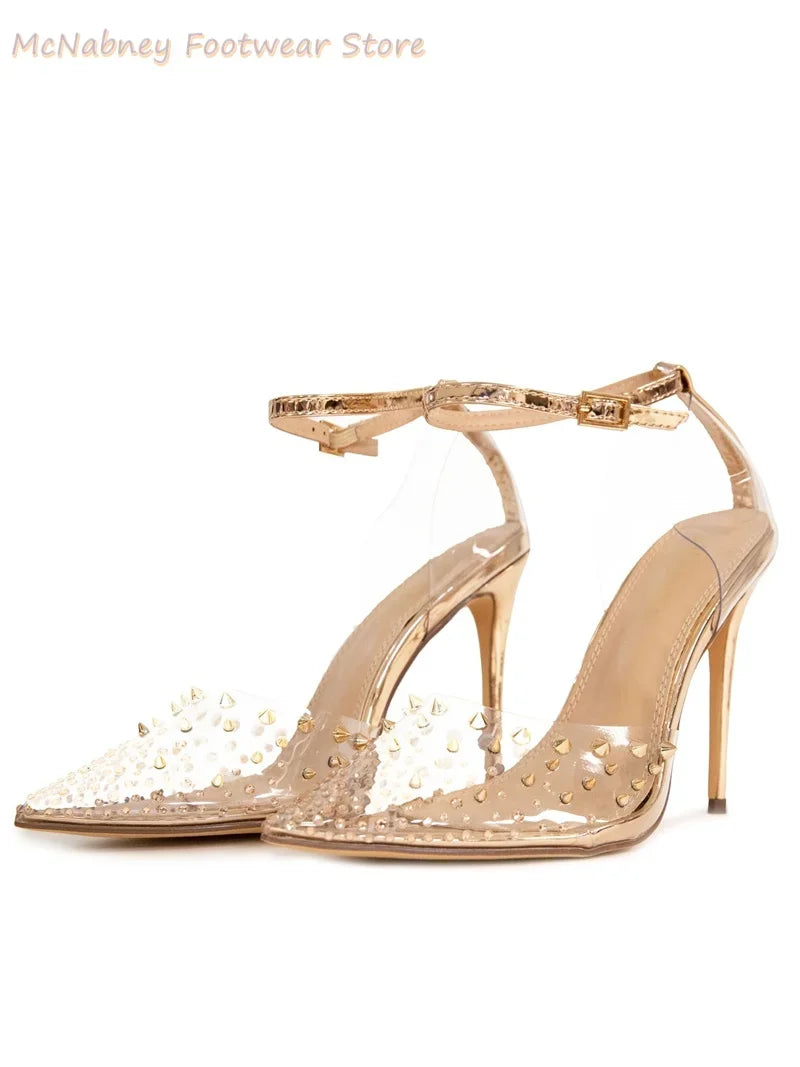 Transparent Pointed Rivet Buckle Sandals