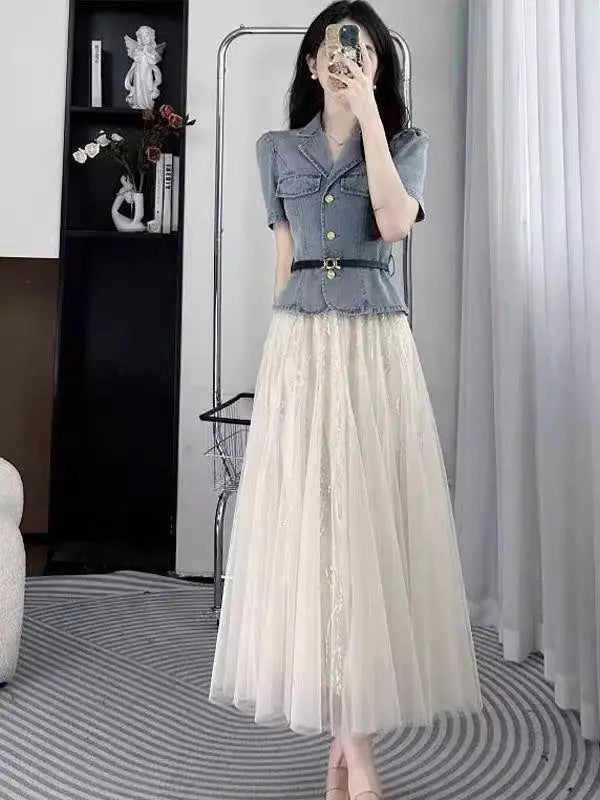 Slim Waist Denim Jacket and Mesh Skirt Two Piece Set for Women