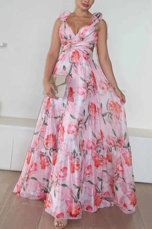 2025 Sexy Printed Chiffon Long Dress Summer Fashion Elegant V Neck Ruffles Edge Slim Vacation Sleeveless Backless Party Dresses