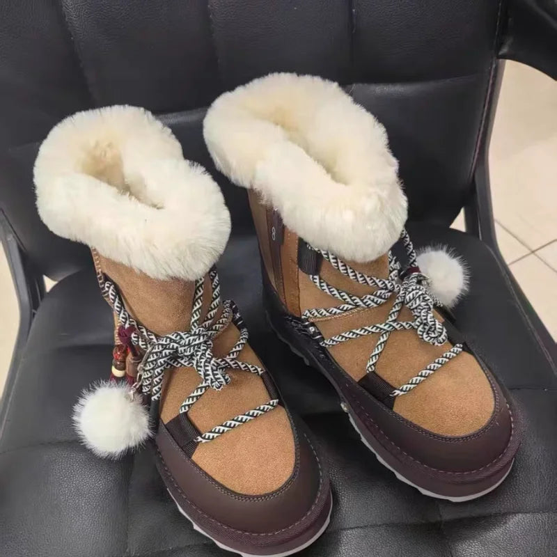 Plush Warm Snow Boots For Women Fashion Short Thick Non-slip Sports Shoes Lace-up Zipper Ankle Boots Thick Sole Shoelace Pendant
