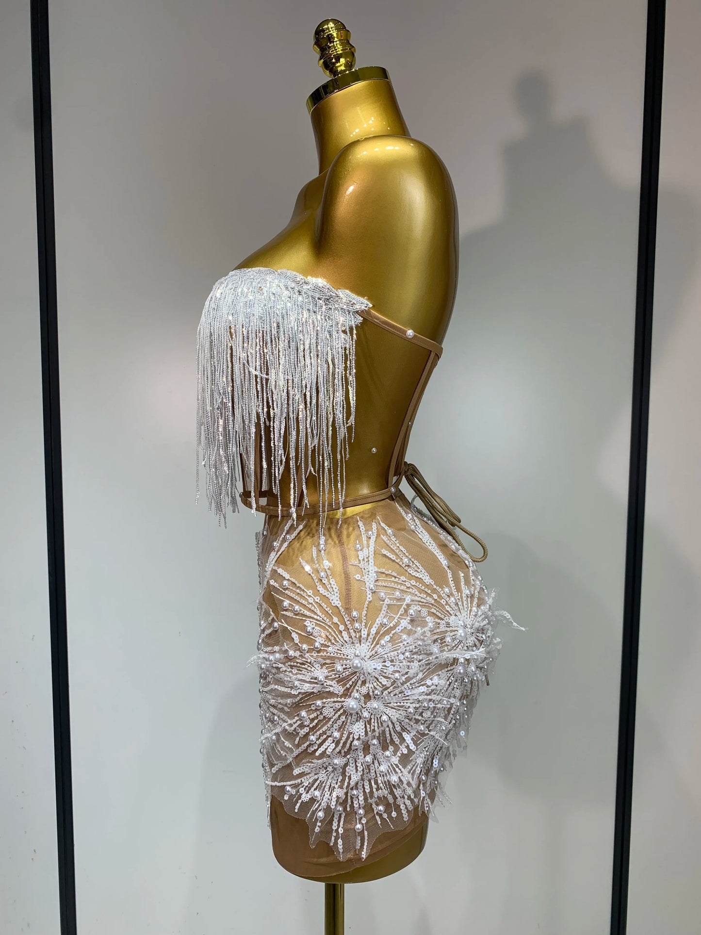 Women Sexy Mesh See Through Pearl Lace Party Mini Dress Celebrate Birthday Photo Shoot Wear Performance Stage Costume