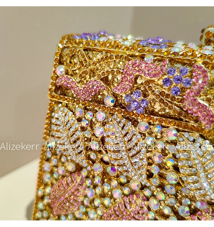 Metallic Leaf Diamond Evening Bag With Rhinestone Accents for Women