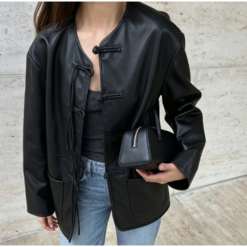 Autumn Winter Pu Leather Moto Jacket With Long Sleeve for Women
