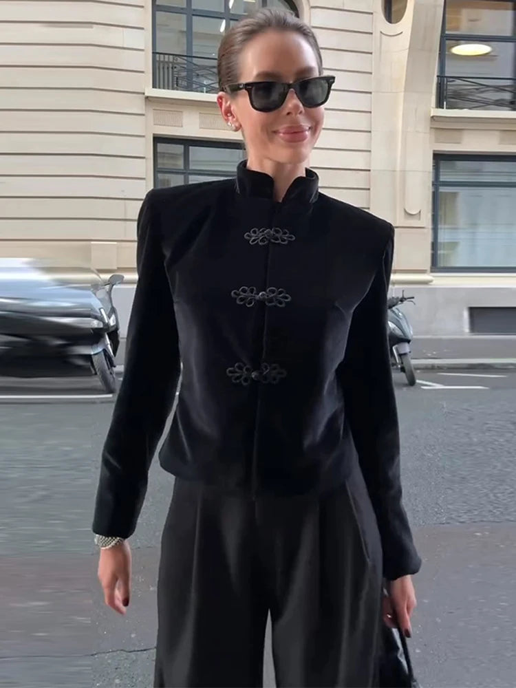 Chinese Knot Stand Collar Long Sleeve Jacket for Women