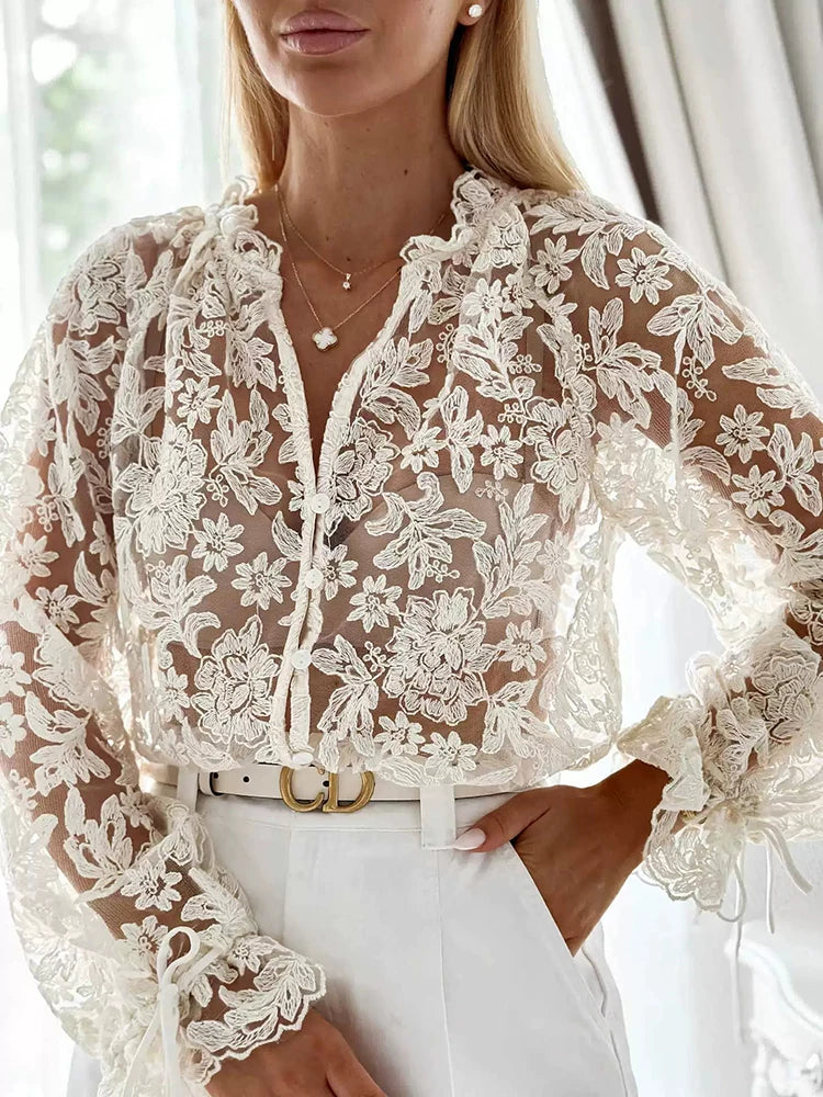 Lace Embroidered V Neck Long Sleeve Blouse for Women