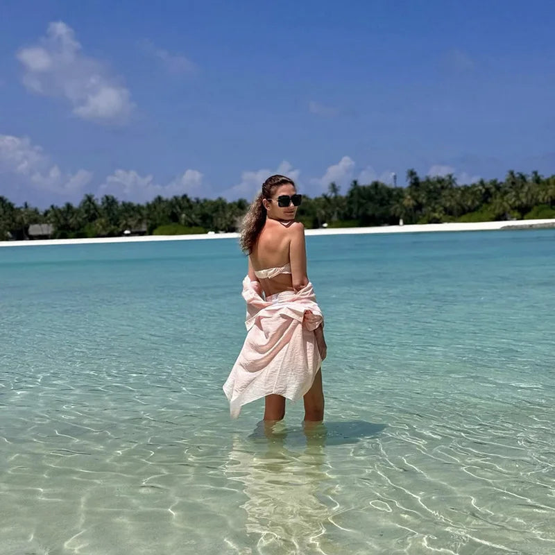 Casual Tie Up Mini Skirt Outfit 2025 Summer New Seaside Beach Sunscreen Suit Holiday Long Sleeve Single Breasted Shirt Women Set