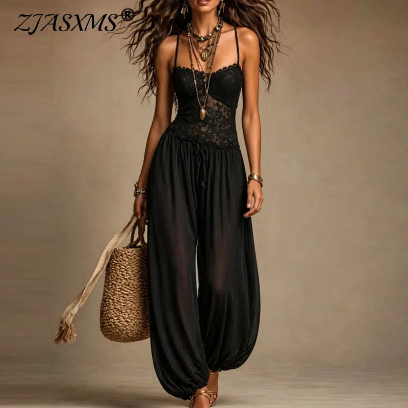 Sheer Lace Halter Neck Loose Fit Jumpsuit for Women