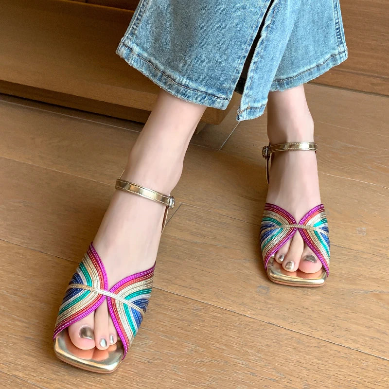 Leather Low Heel Peep Toe Sandals