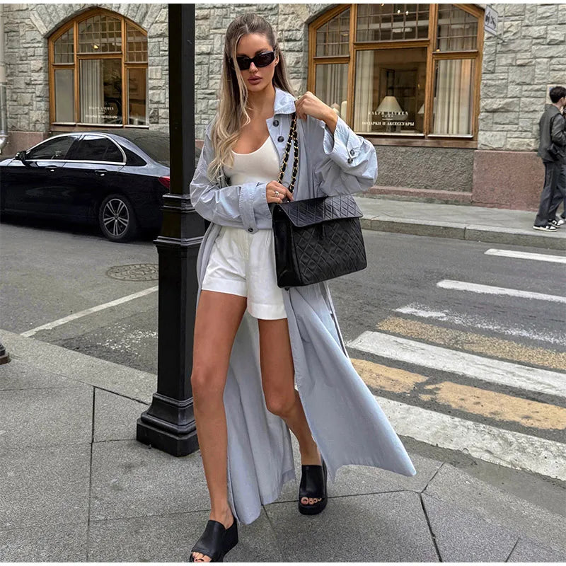 Lapel Collar Button Front Long Trench Coat With Waist Belt for Women