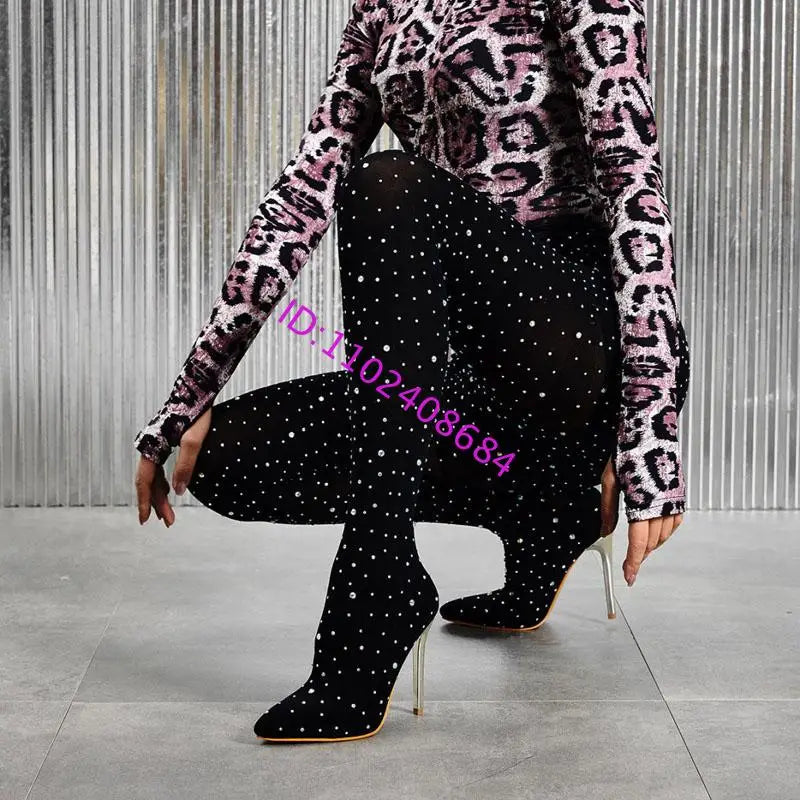 Black Lace Crystal Pointed Toe Over The Knee Boots For Women