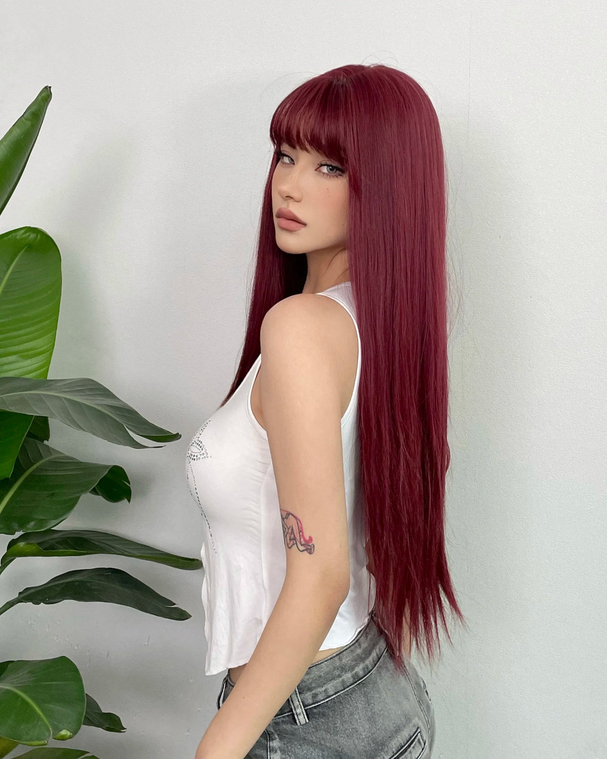 Long Straight Dark Red Cosplay Wig With Bangs for Women